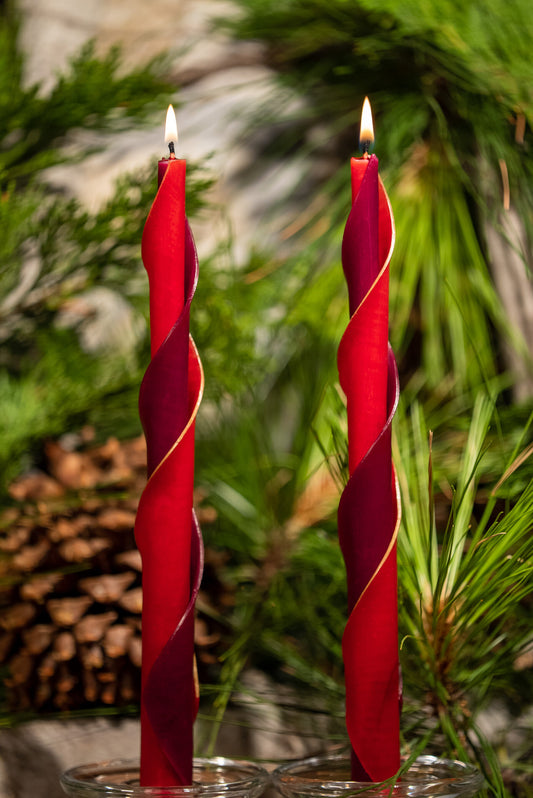 Double Spiral Beeswax Candles - Red & Burgundy with Gold Edge