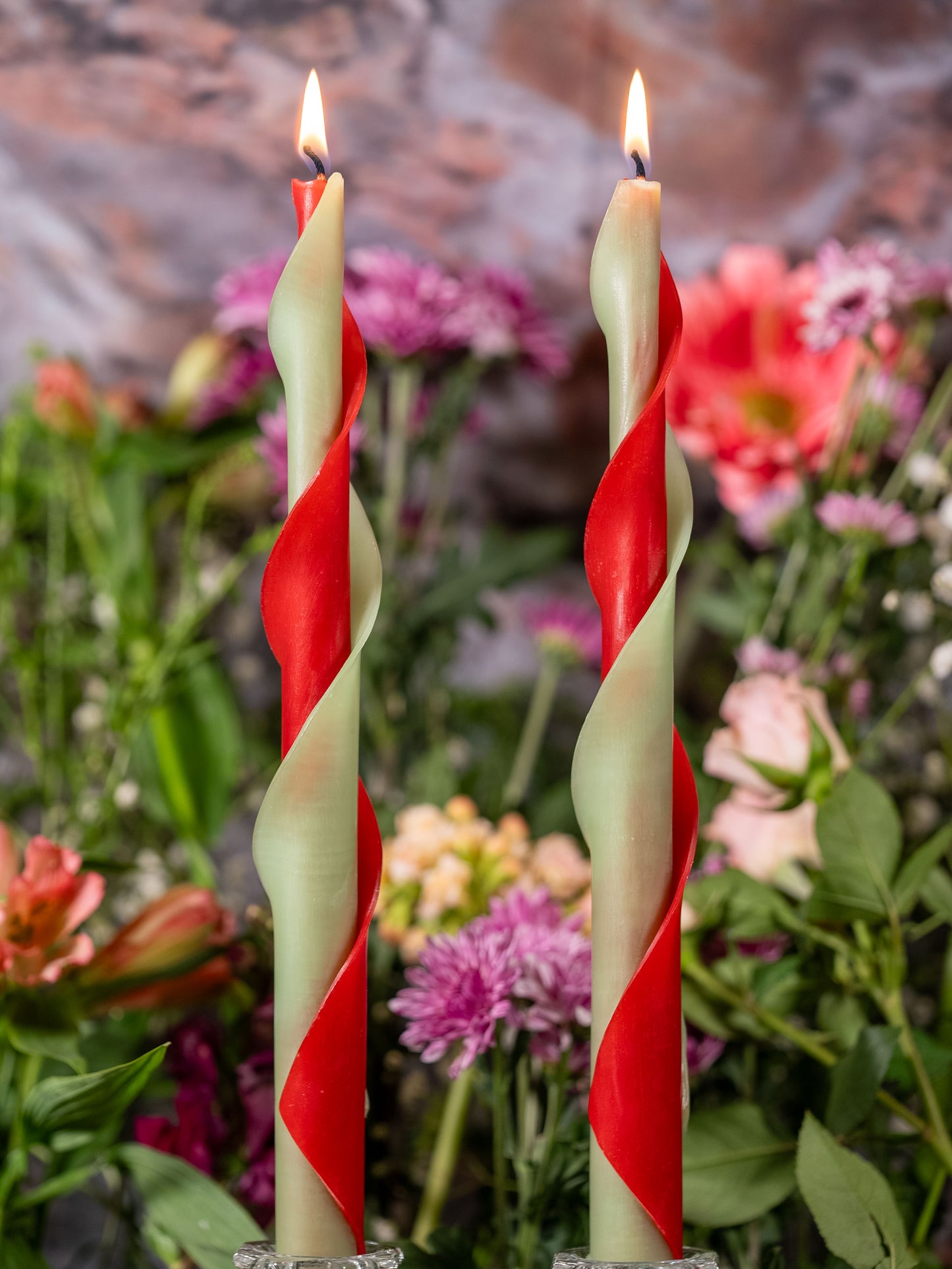 Red & Light Green Double Spiral Beeswax Candles