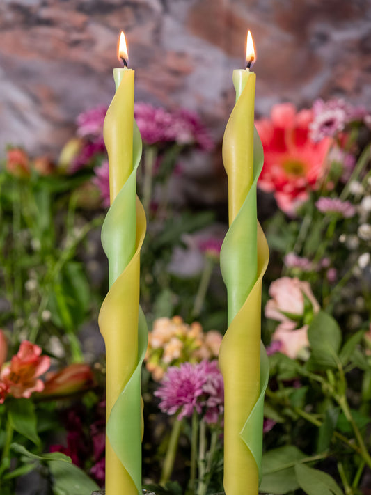 Yellow & Light Green Double Spiral Beeswax Candles