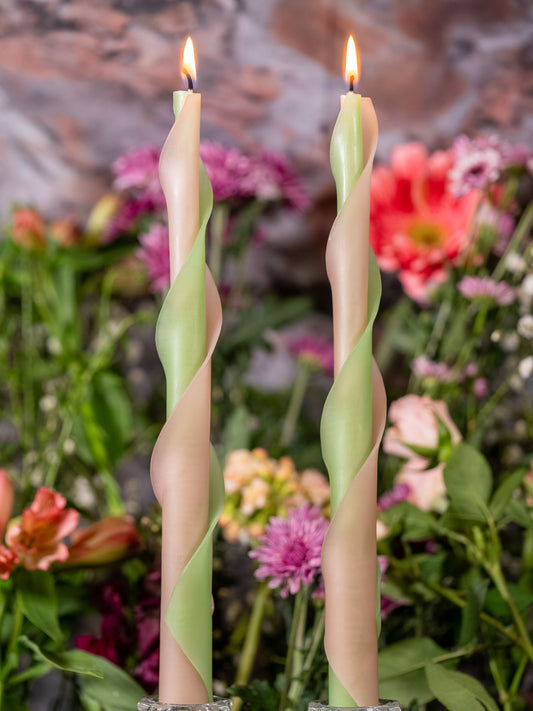 Pink & Light Green Double Spiral Beeswax Candles