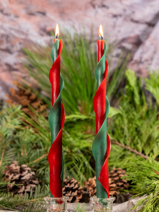 Red & Green Double Spiral Beeswax Candles