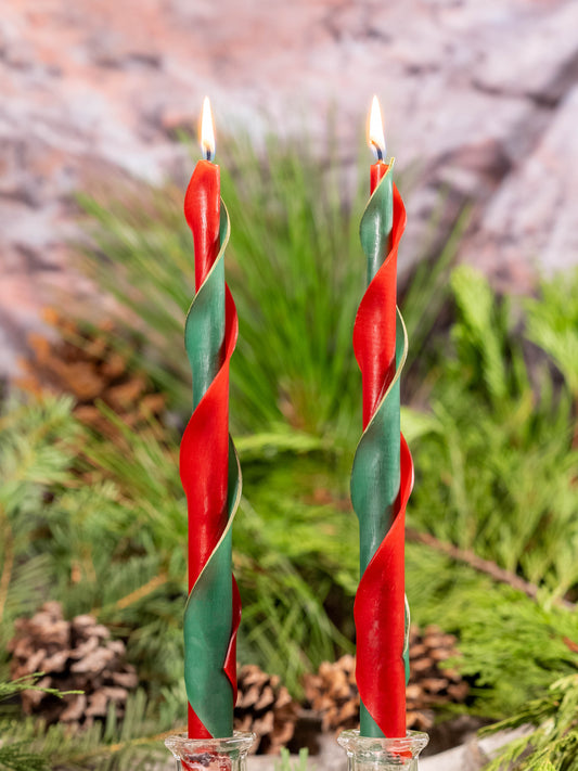 Red & Green with Gold Edge Double Spiral Beeswax Candles