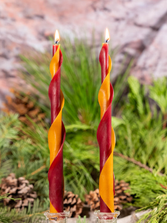 Burgundy & Orange Double Spiral Beeswax Candles