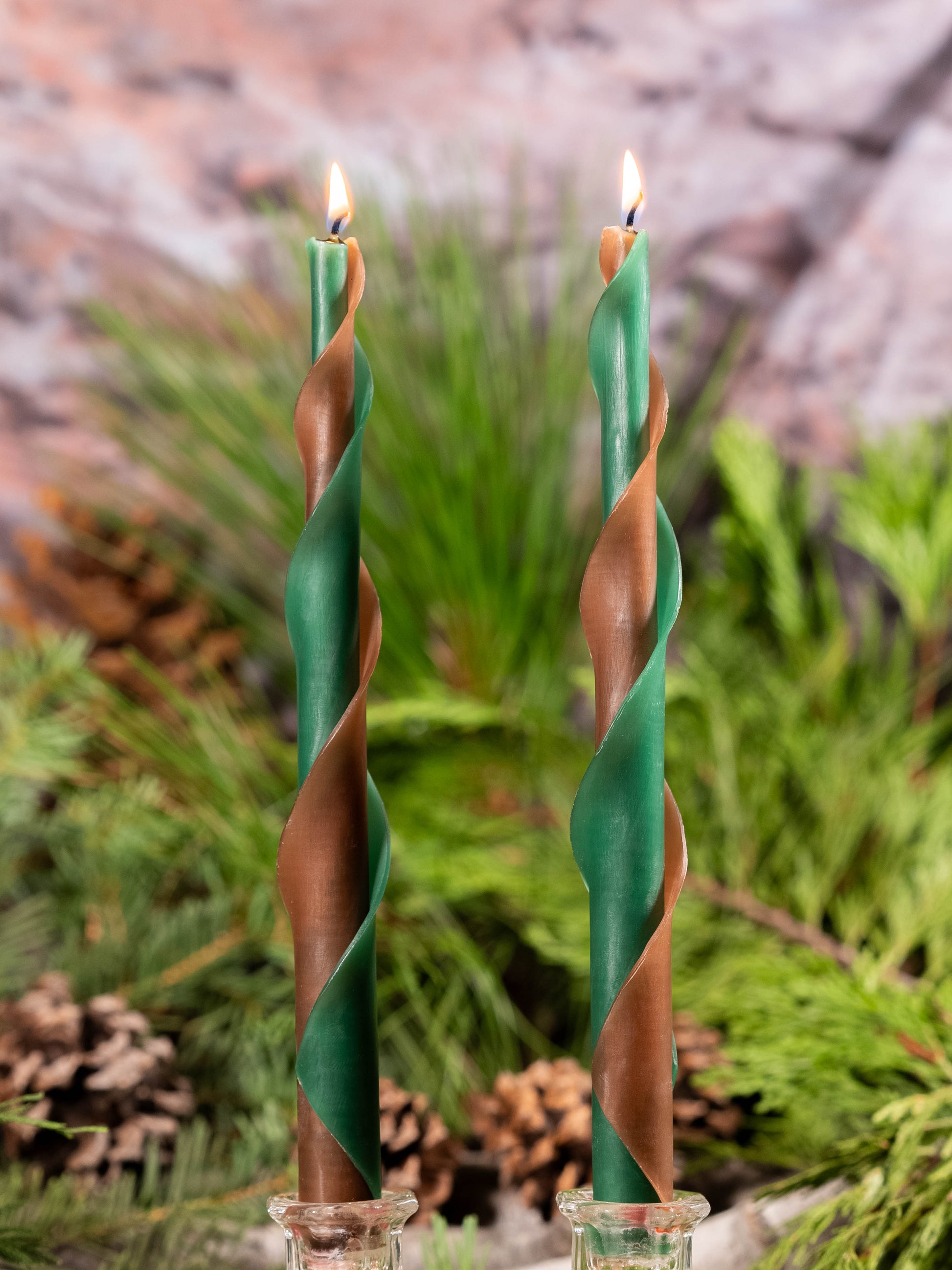 Green & Brown Double Spiral Beeswax Candles