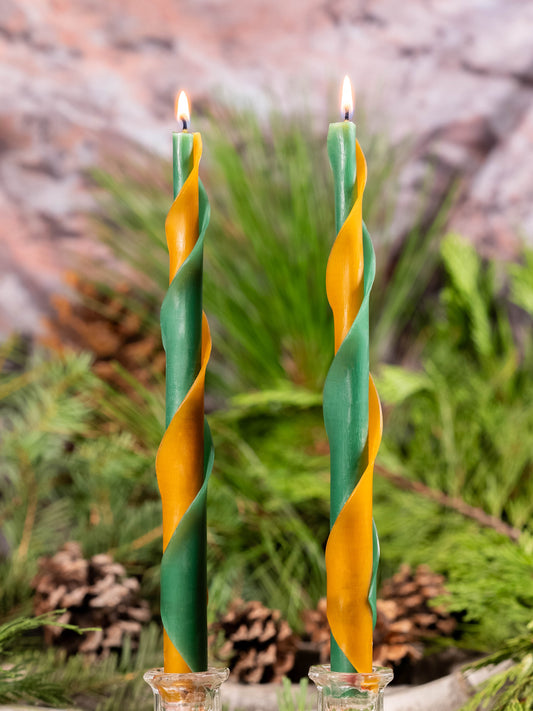 Green & Orange Double Spiral Beeswax Candles